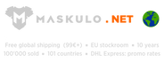 maskulo.net logo and text in English about the 99 EUR threshold for free delivery, shipping from the EU stockroom and that for 10 years more than 100 thousand purchases were delivered to 101 countries of the world, and promo rates for DHL Express delivery