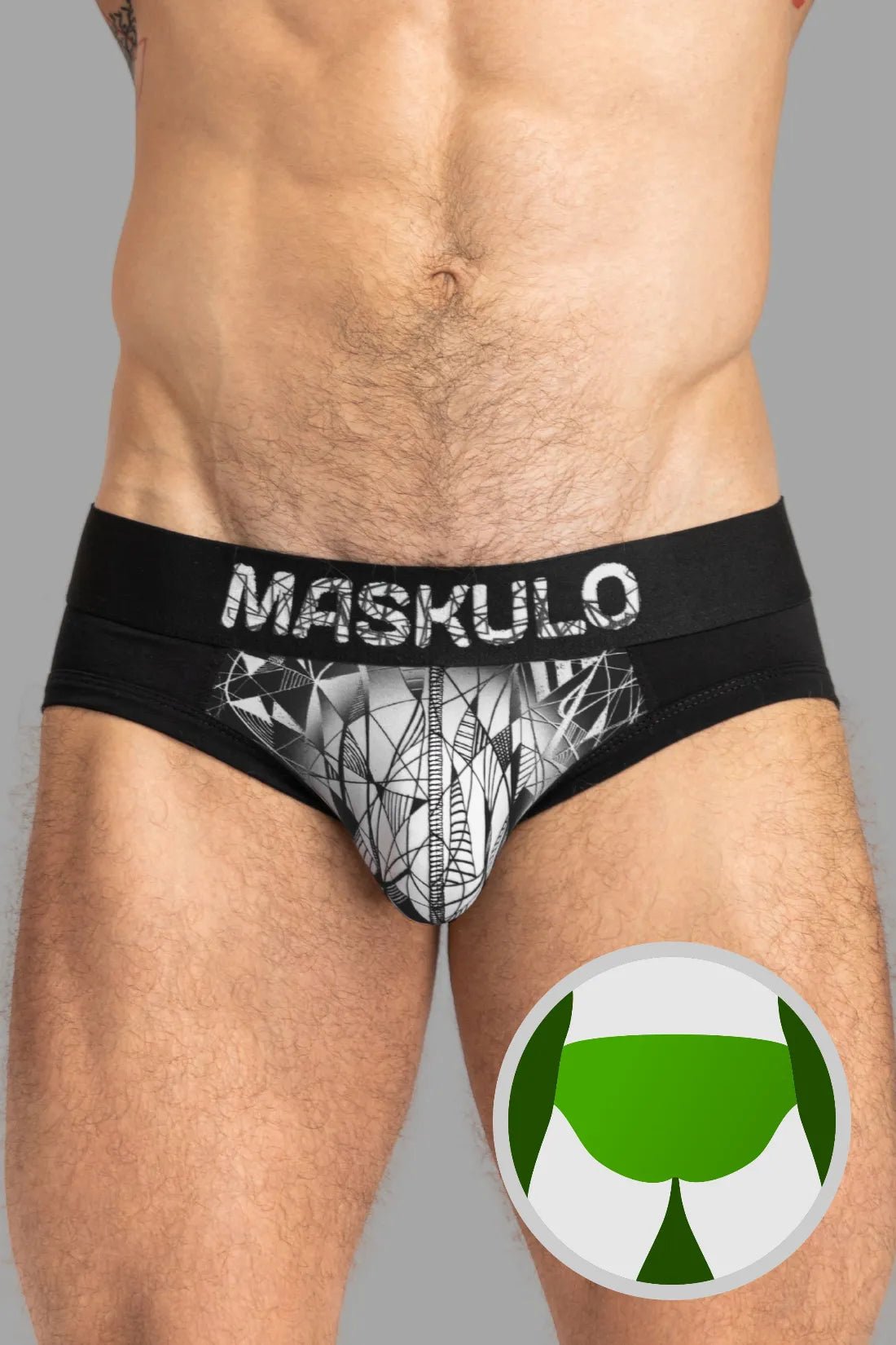 Maskulo ARMOR Black/White briefs with ART-X effect. Cotton/elastane blend everyday underwear for comfort & bulge enhancement.