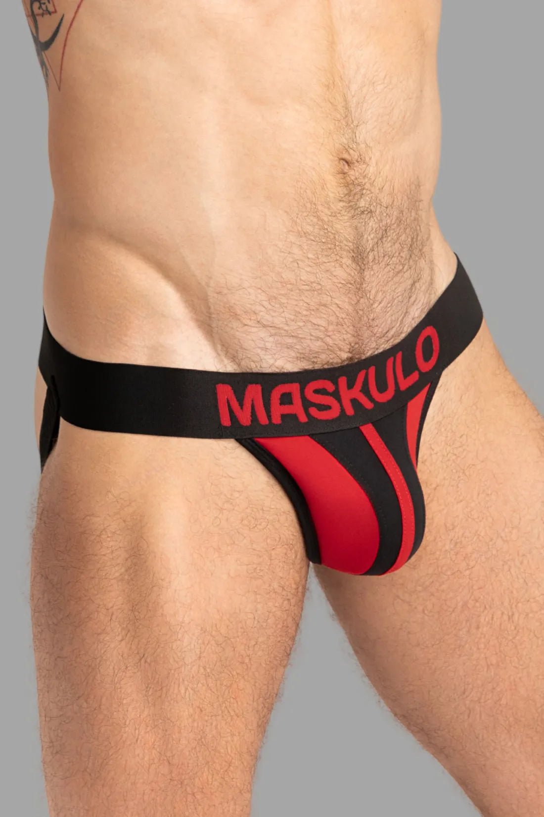 Maskulo Tiger Jockstrap in black and red with pouch snap. Men&
