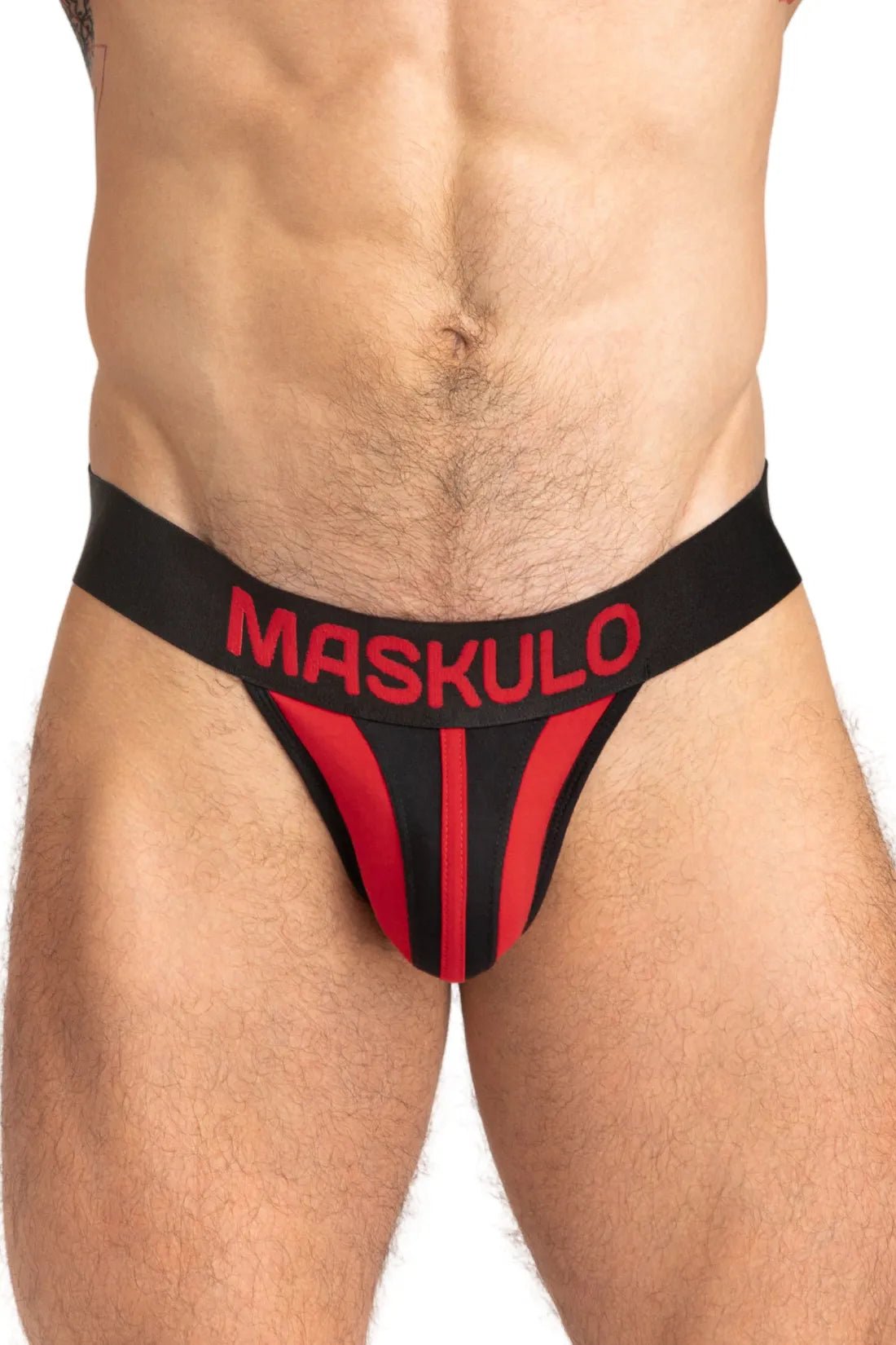 Tiger Jock with Pouch Snap Black and Red, a supportive and stylish jockstrap accessory from Maskulo for men.