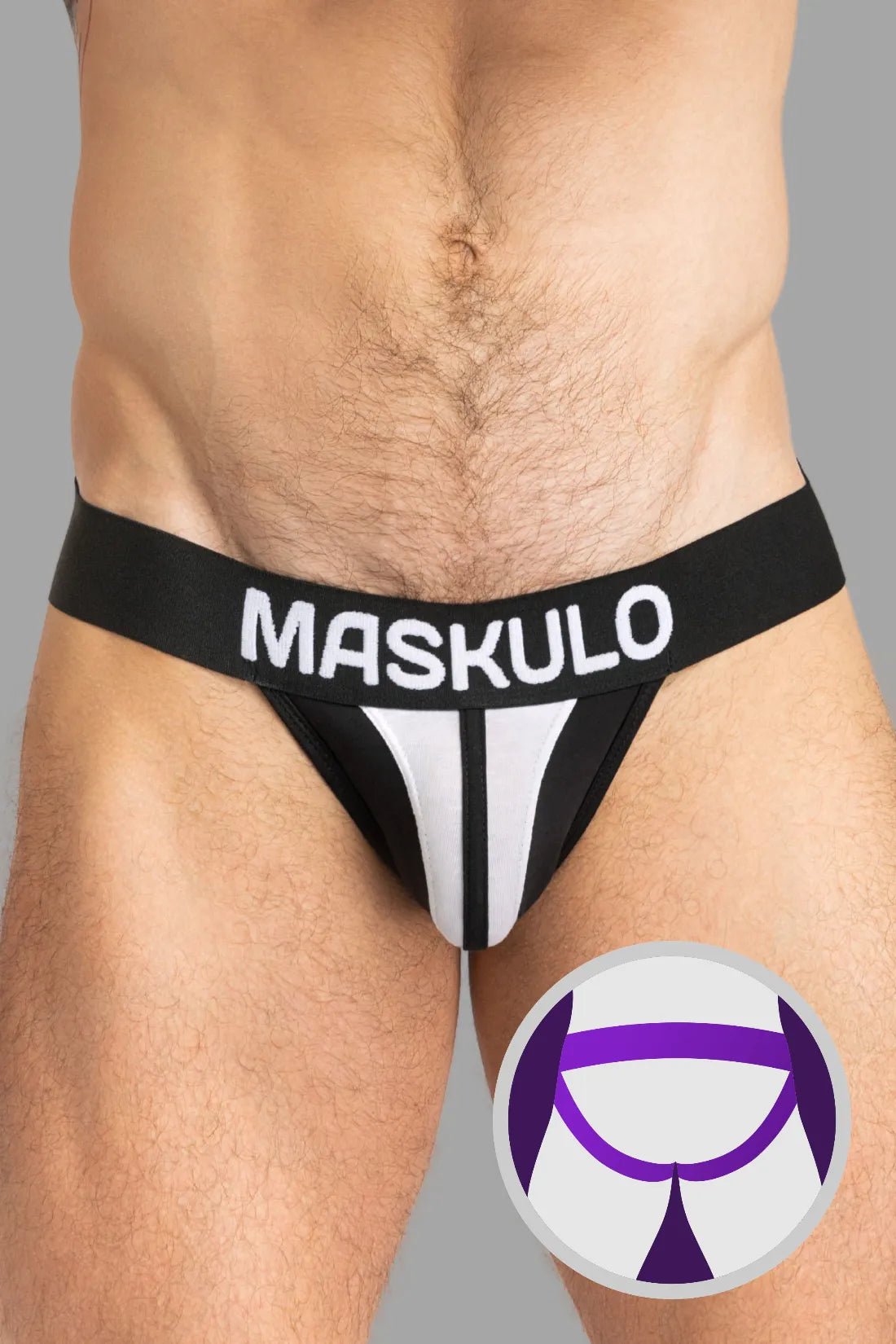 Maskulo TIGER Jockstrap, black & white, 100% cotton everyday underwear with unique POUCH-SNAP technology for adjustable fit.