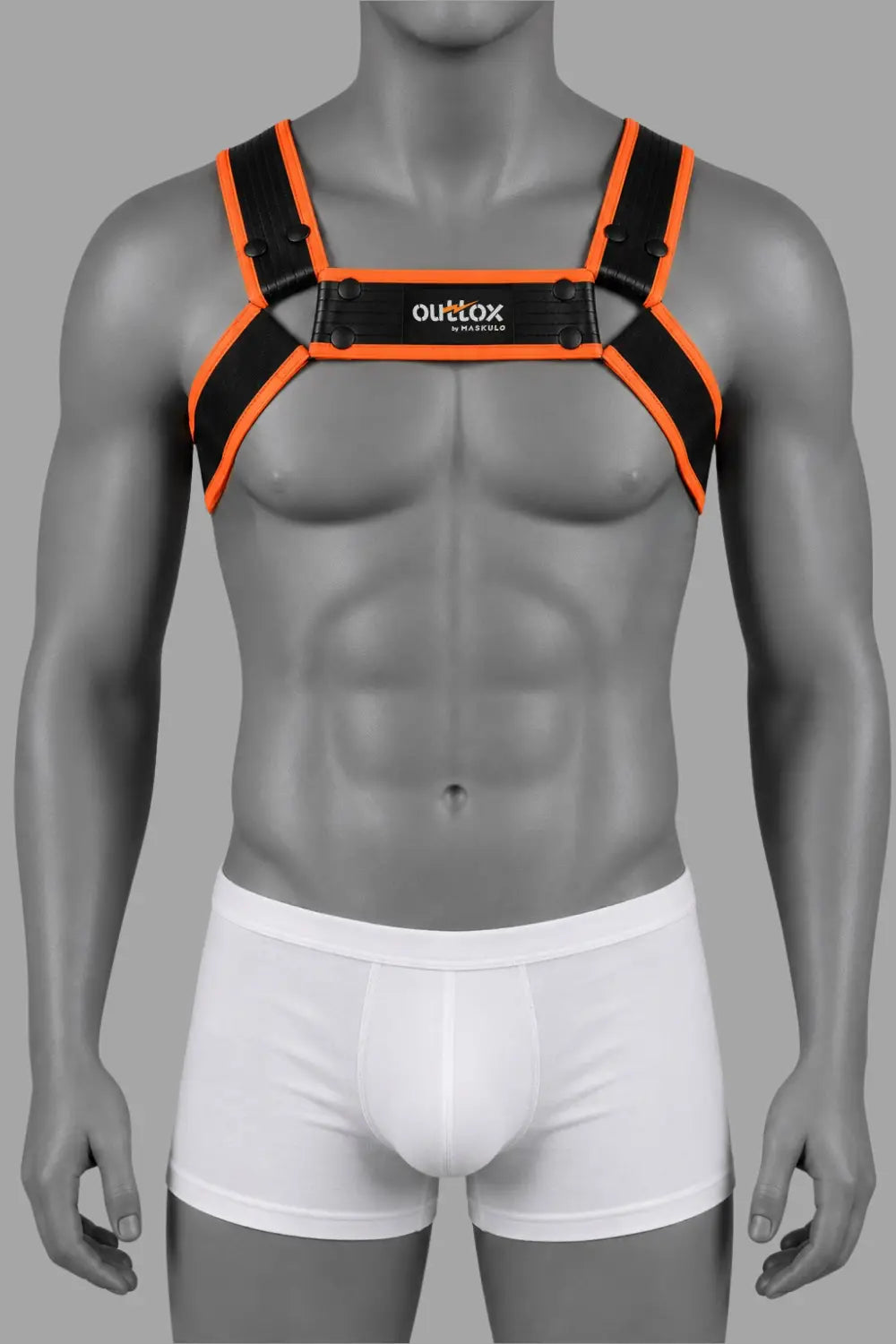 Outtox by Maskulo. Bulldog Harness with Snaps. Black and Orange
