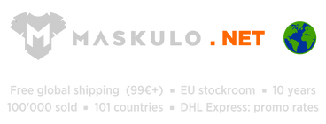 maskulo.net logo and text in English about the 99 EUR threshold for free delivery, shipping from the EU stockroom and that for 10 years more than 100 thousand purchases were delivered to 101 countries of the world, and promo rates for DHL Express delivery