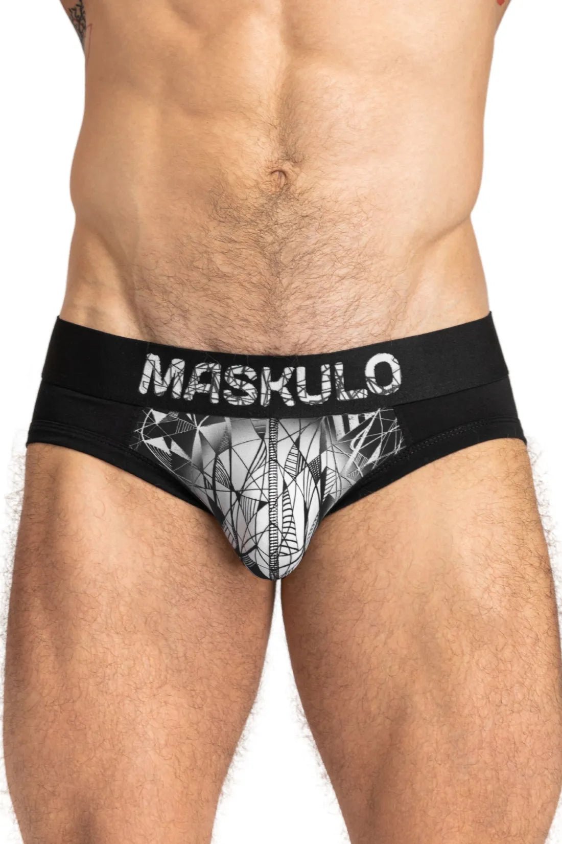 Maskulo ARMOR Black/White briefs with ART-X effect. Cotton/elastane blend everyday underwear for comfort &amp; bulge enhancement.