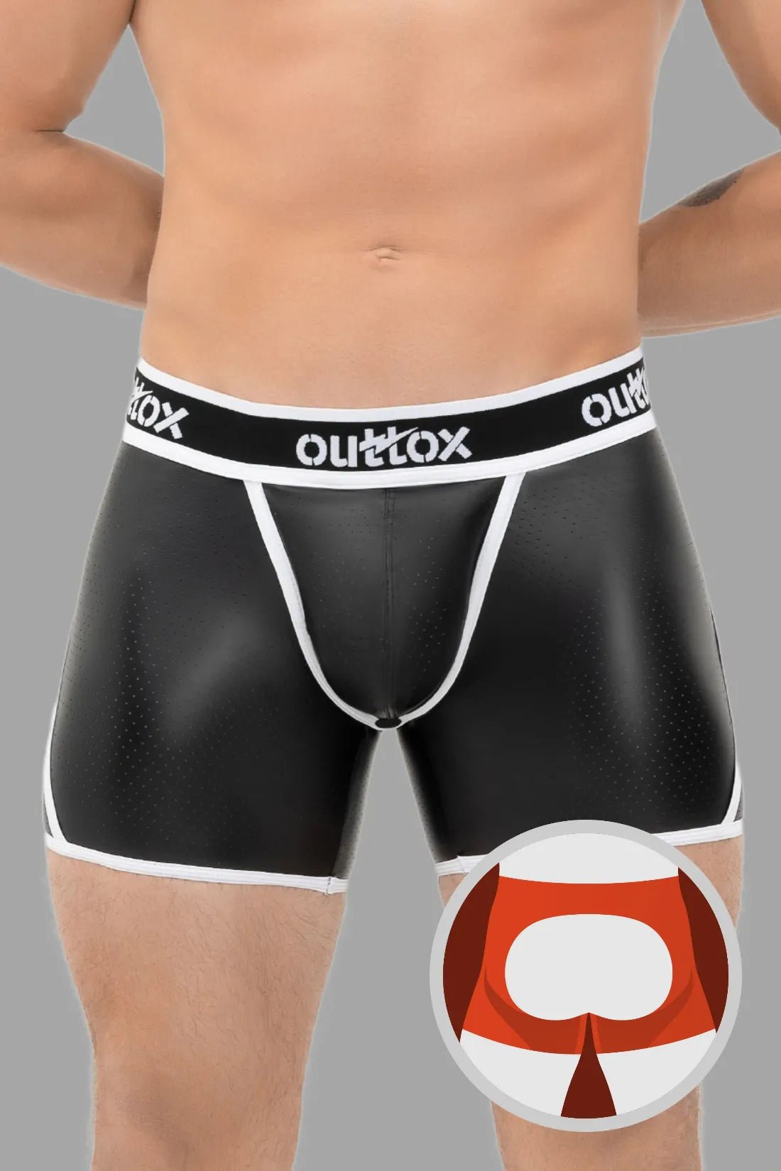 Outtox Black &amp; White Open Rear Shorts with Snap Codpiece. Perforated PU eco leather, polyester/polyurethane/elastane blend.